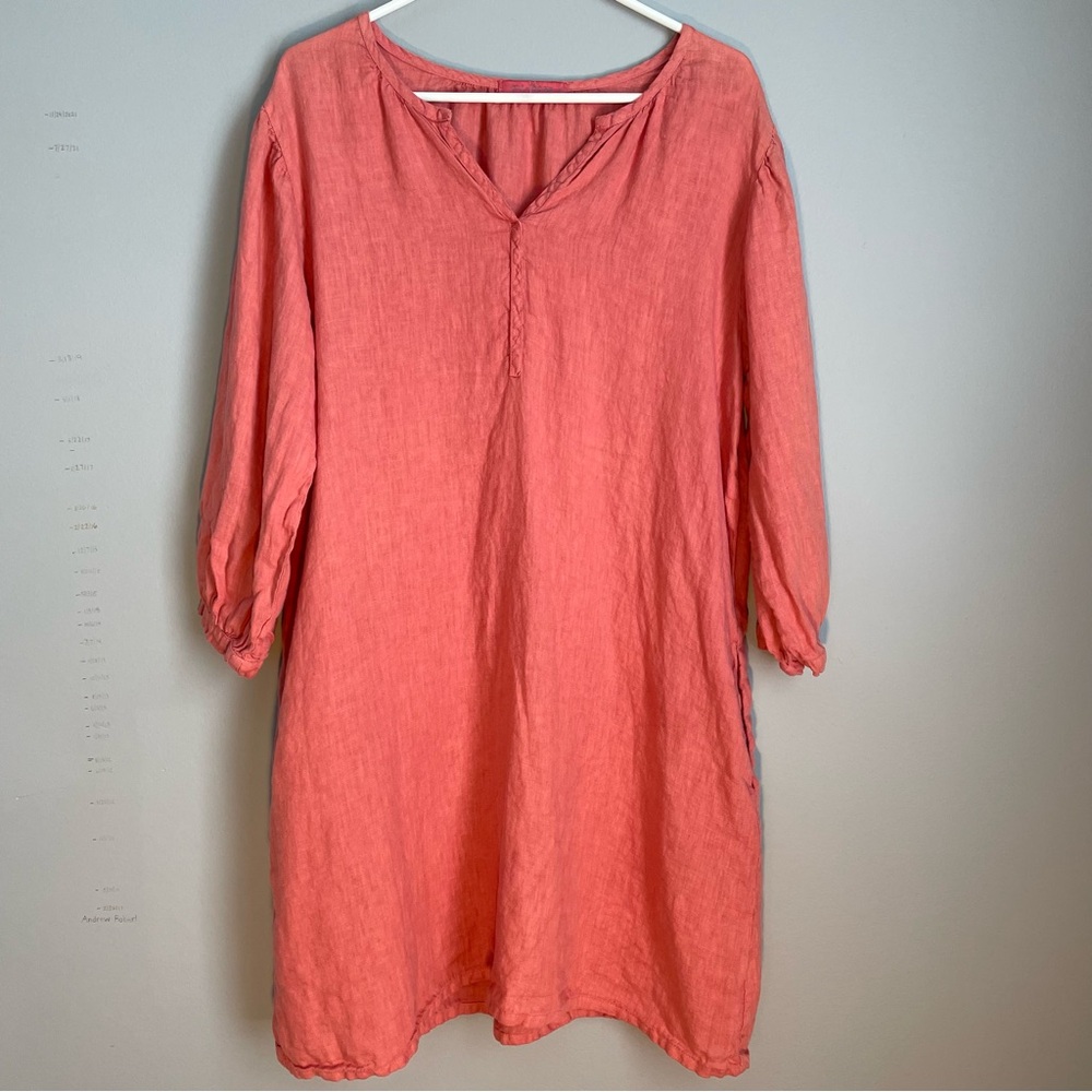 Cut Loose 100% Linen Shift Dress Size L Tangerine Orange Lagenlook Side Pockets